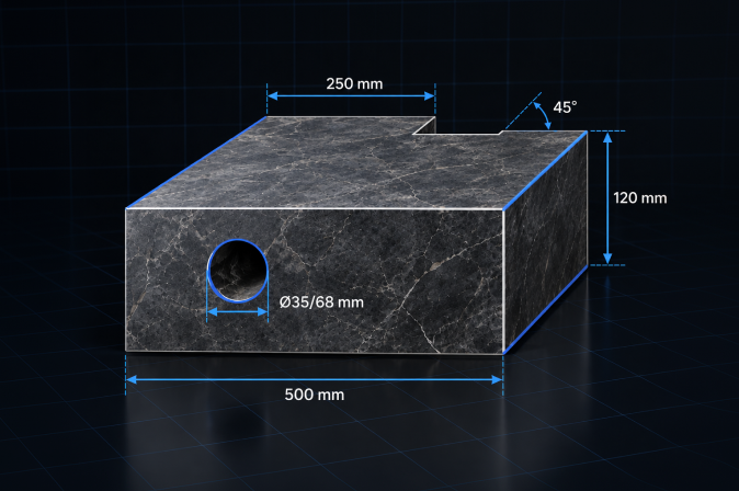 Чертёж изделия: 500 мм, 250 мм, 120 мм, угол 45°, отверстия Ø35 и Ø68 мм